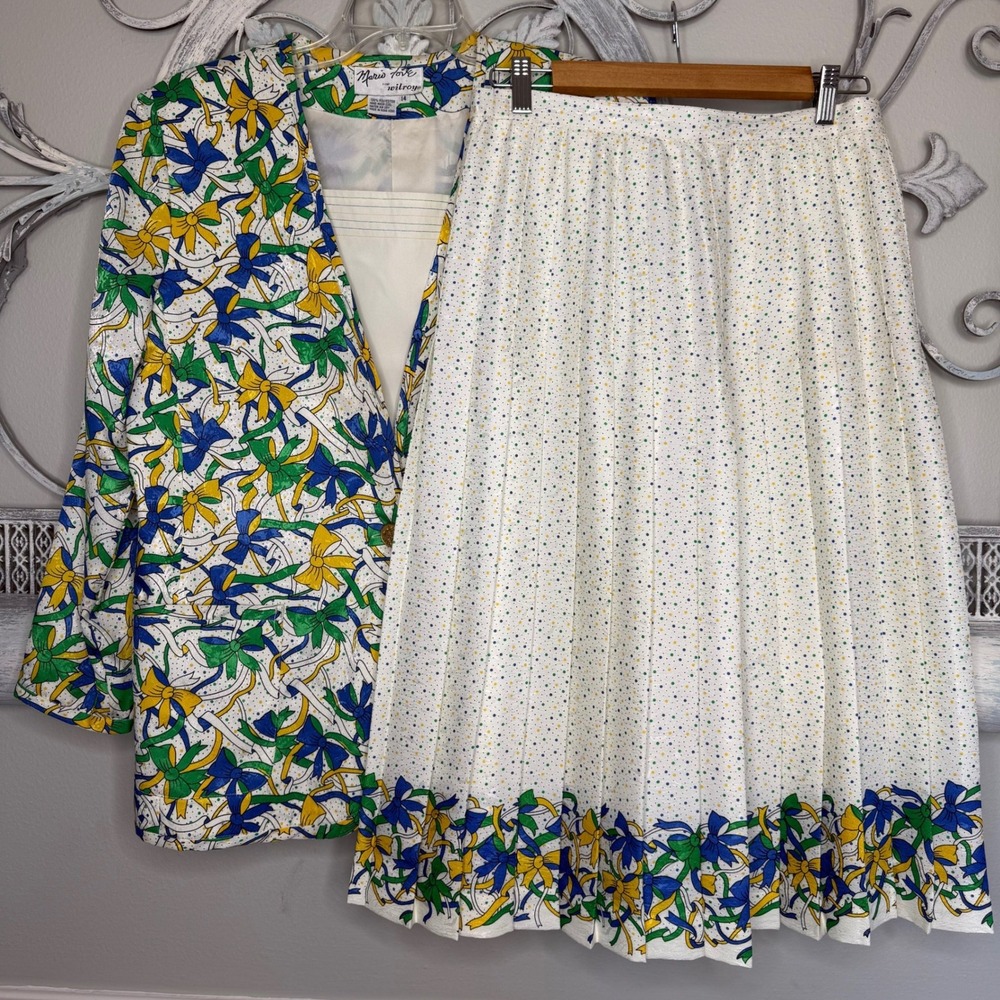 Vintage Mario Forte for Wilroy 2 Piece Skirt Suit‎ Bow Print Blazer Midi Sz 10